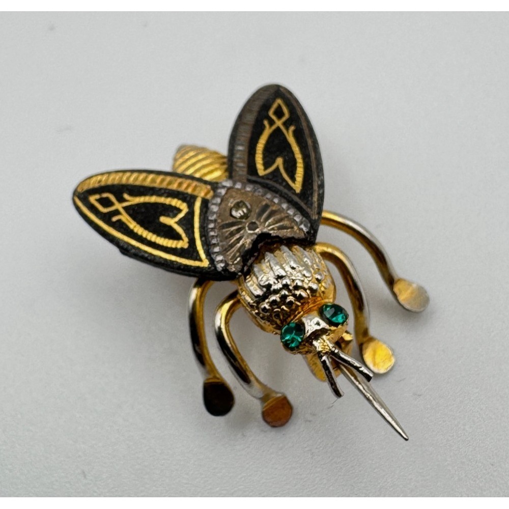 Vintage  Damascene Fly Brooch Toledo Spain Insect Pin Green Rhinestone Eyes